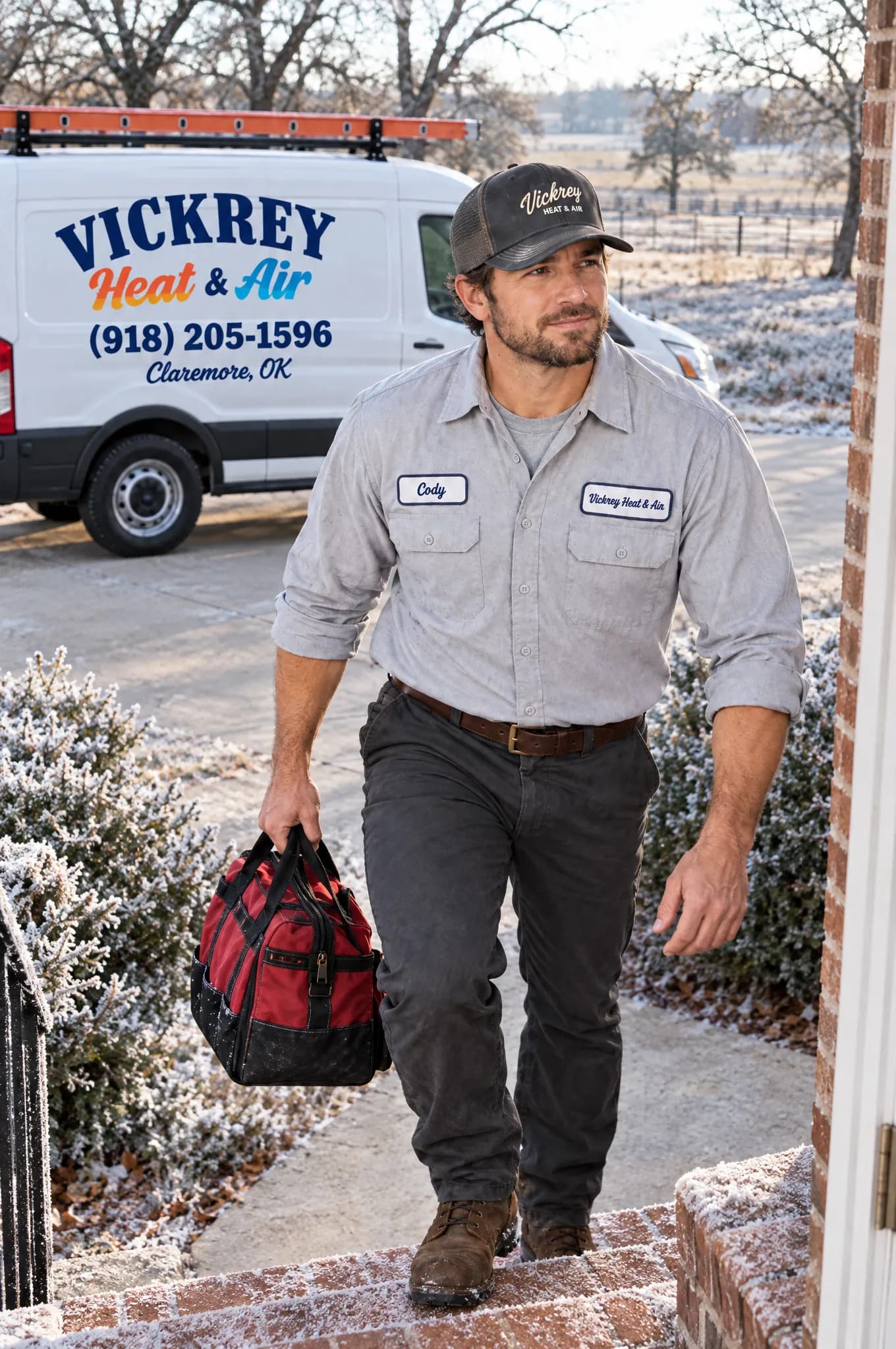 Technician carrying a tool bag up frosty front steps, the Vickrey van parked behind