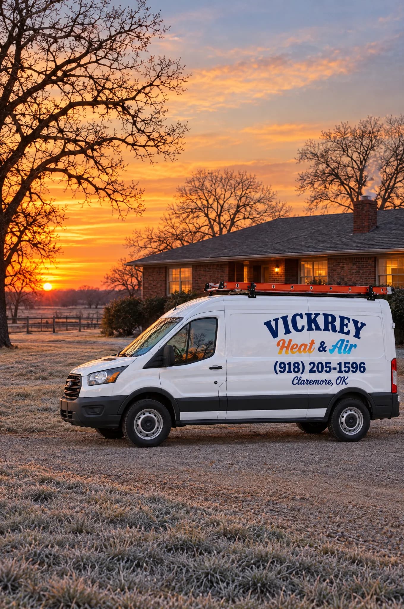Vickrey Heat & Air van parked at a brick ranch home at winter dusk