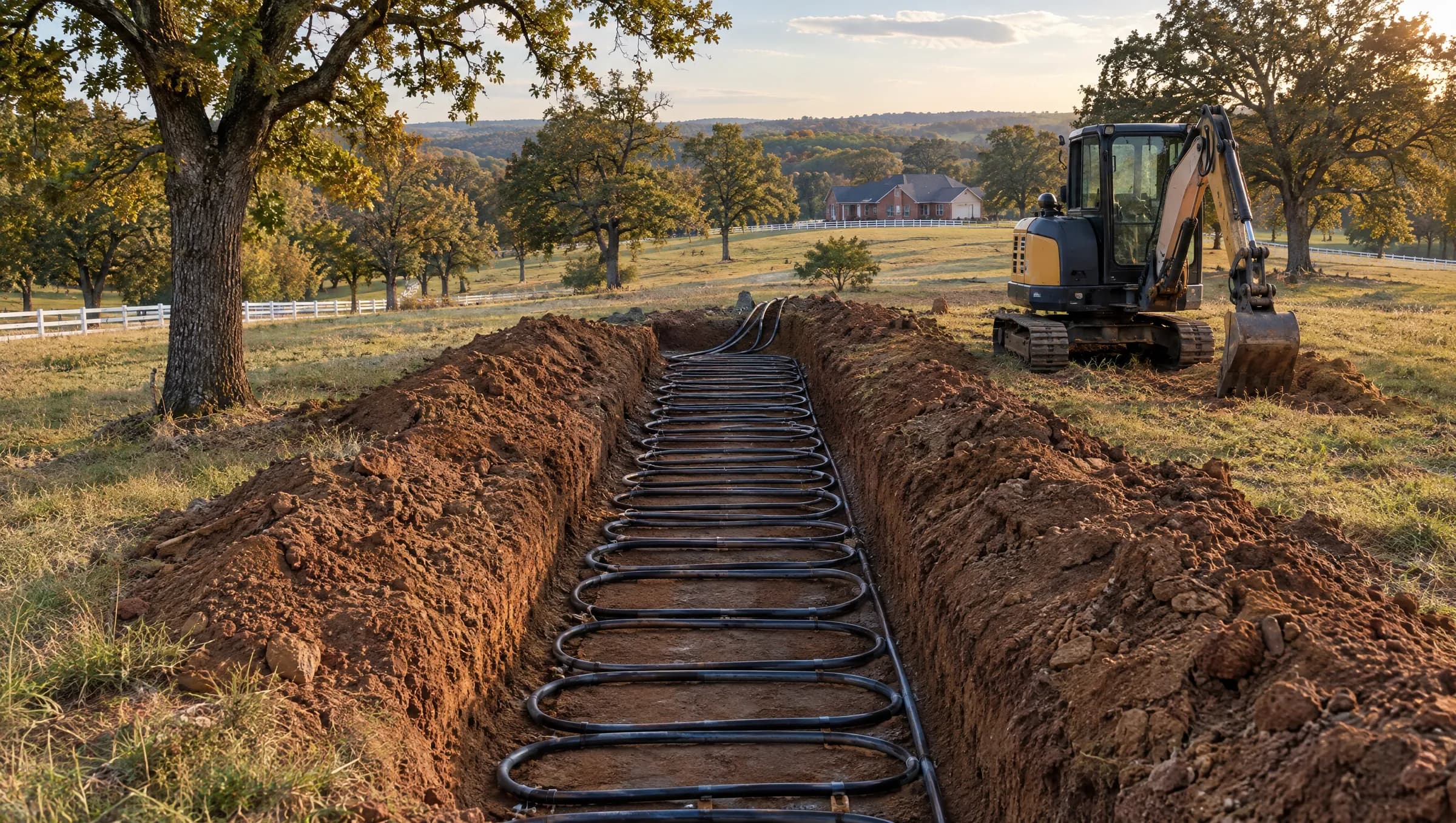 Geothermal ground loop laid in an open trench on rural land