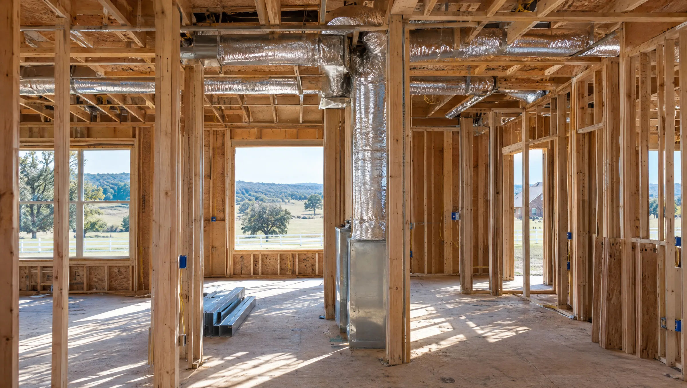 Framed new house with duct rough-in run between the studs