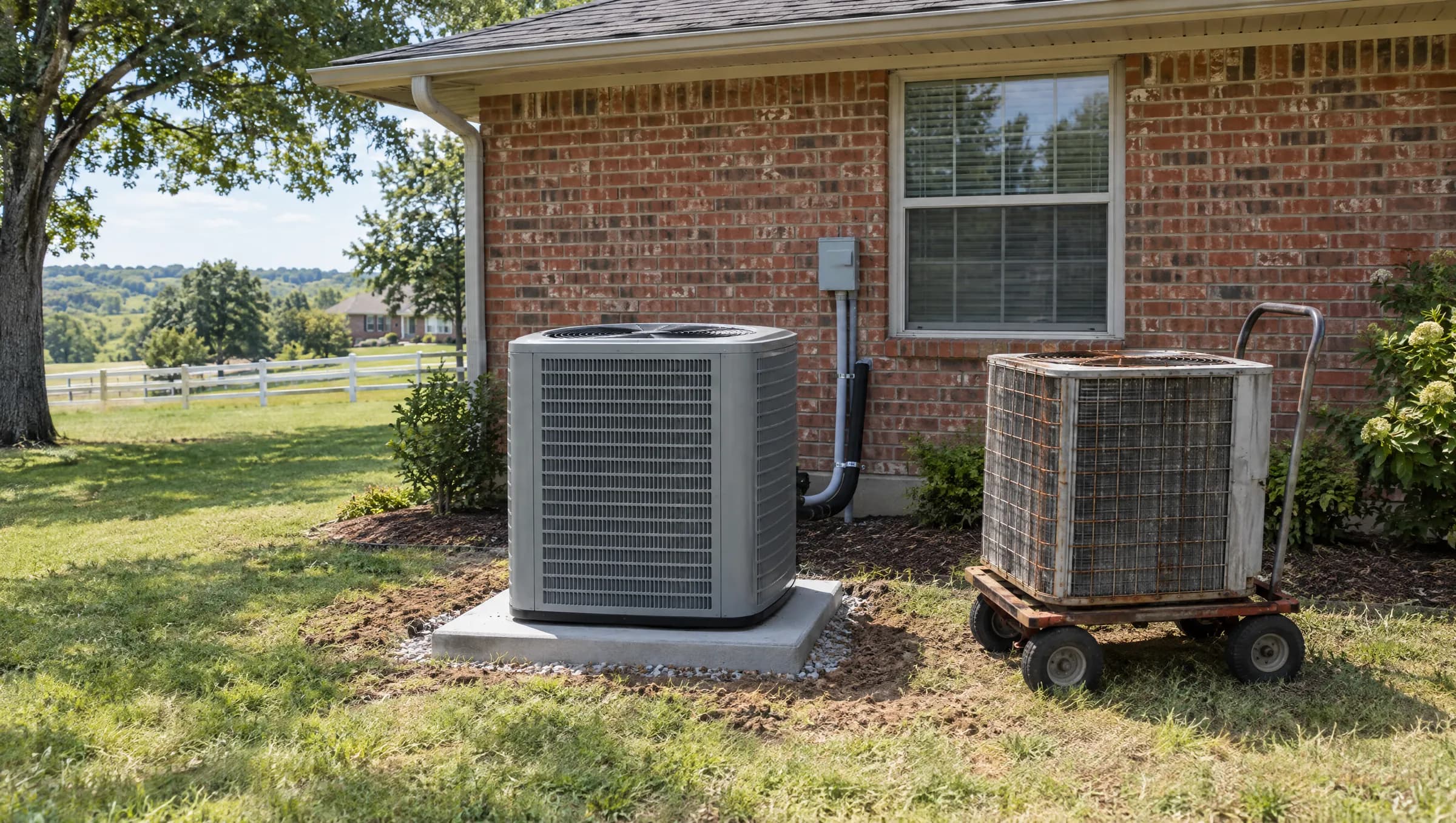New outdoor unit on a fresh pad, the old unit on a dolly beside it