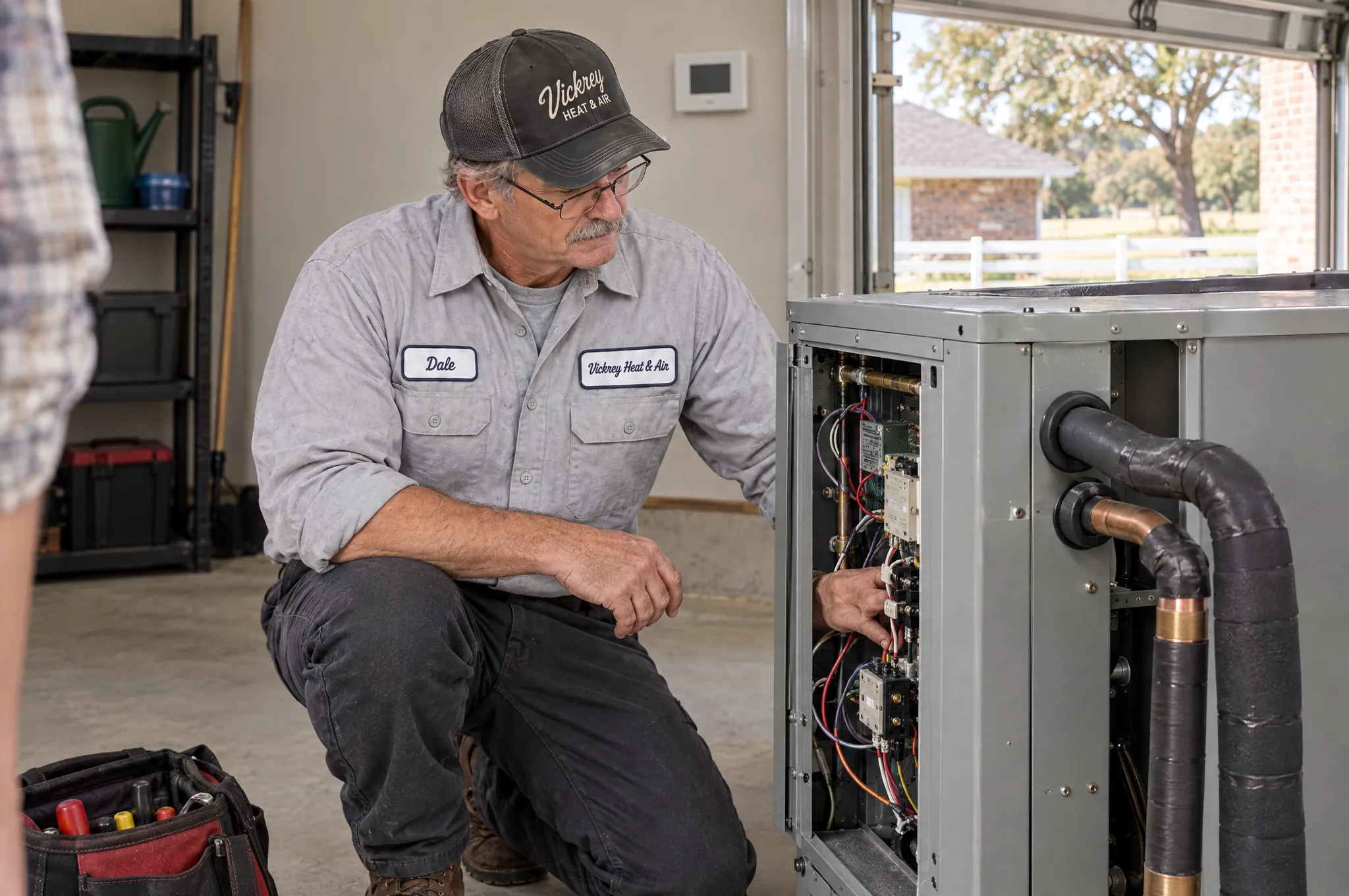 Technician servicing a geothermal unit in a garage