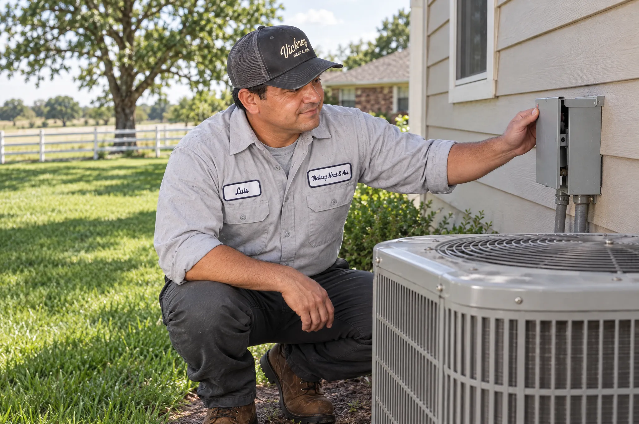 Technician checking the disconnect beside an outdoor condenser