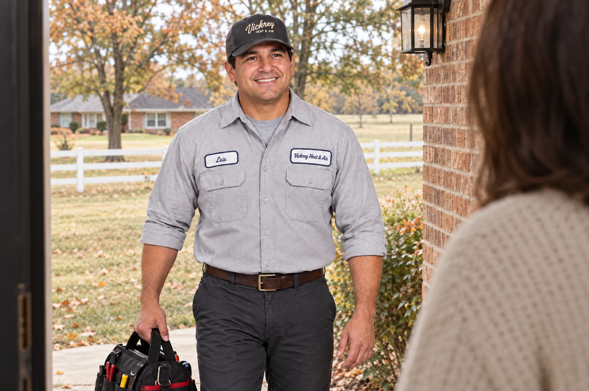 Technician arriving at a front door with a tool bag