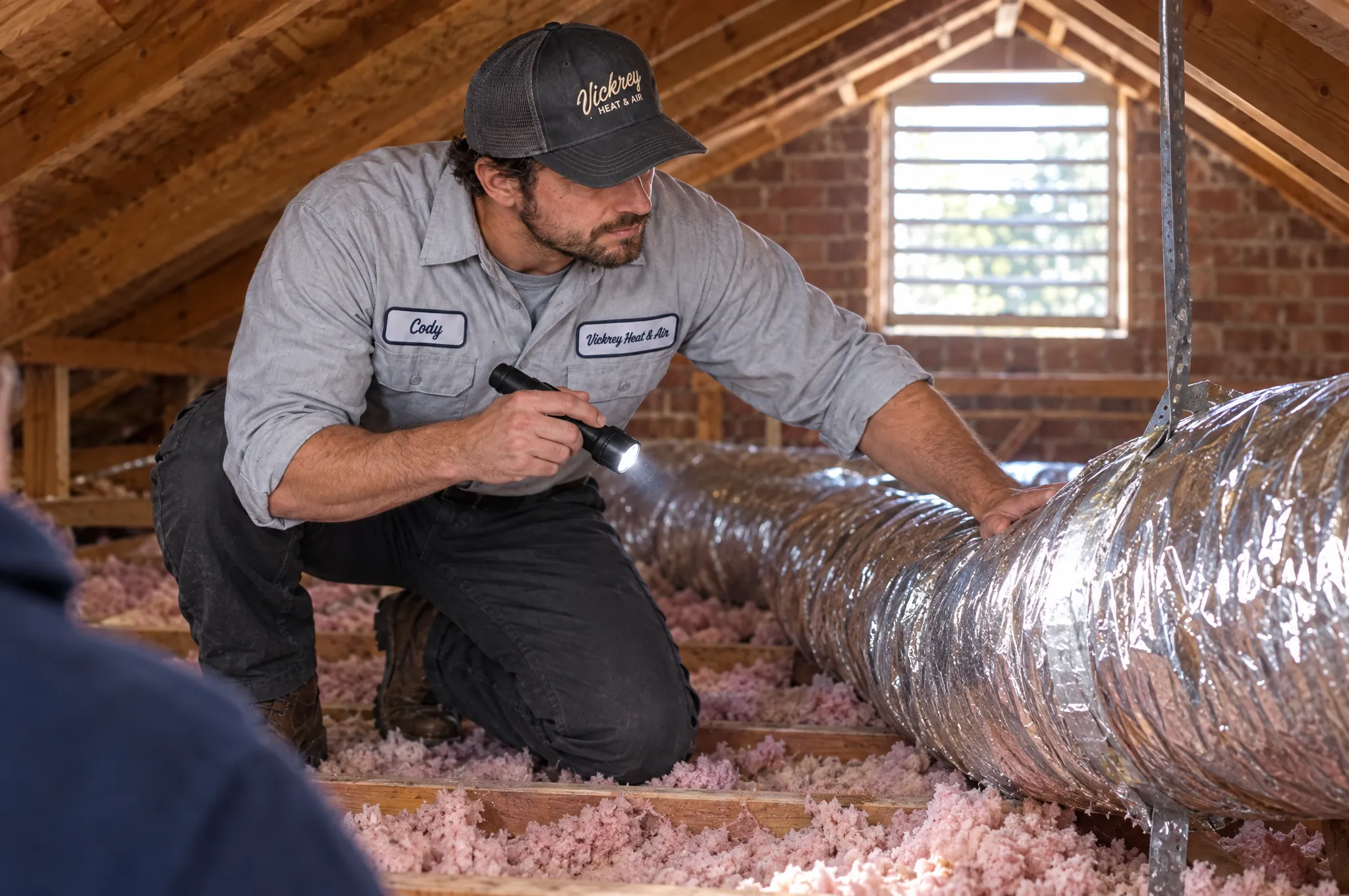 Technician inspecting attic ductwork with a flashlight
