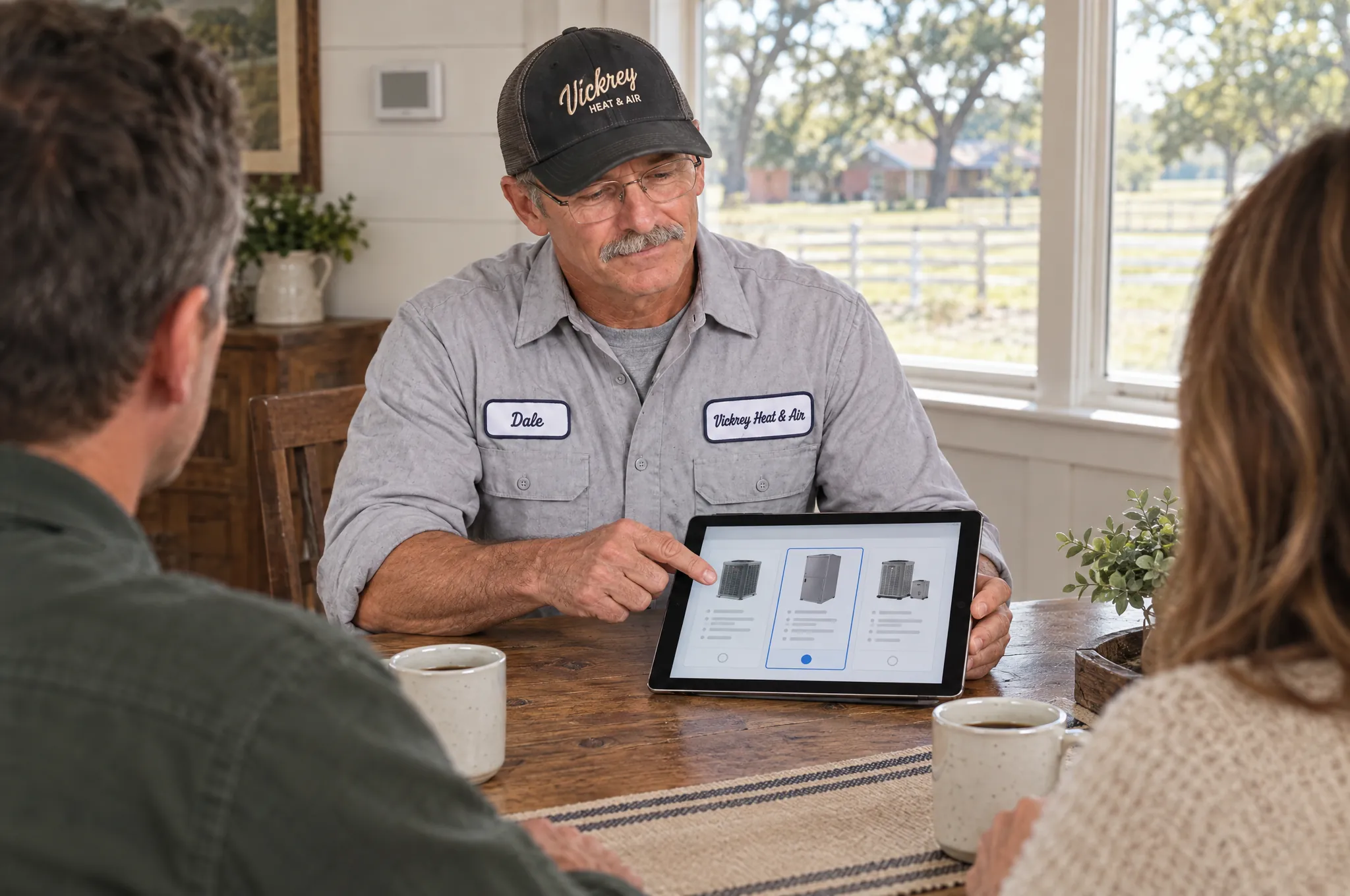 Technician going over options on a tablet with homeowners at the kitchen table