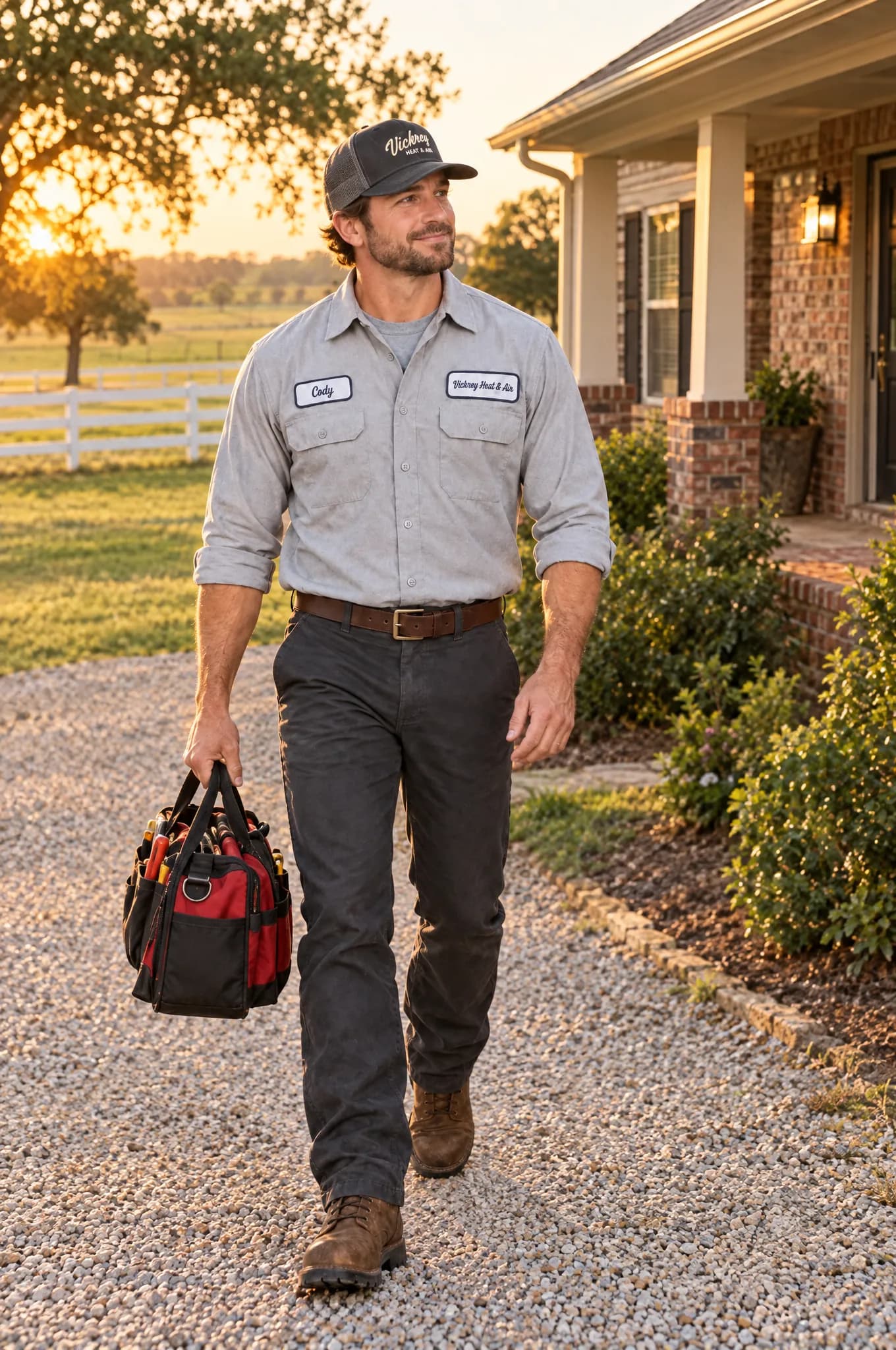 Technician walking up a gravel drive with a tool bag at sunset